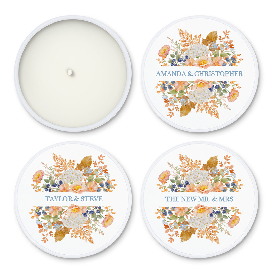 Fall Candle Wedding Favors, Peach &amp; Blue Florals, 2 oz mini tin candles