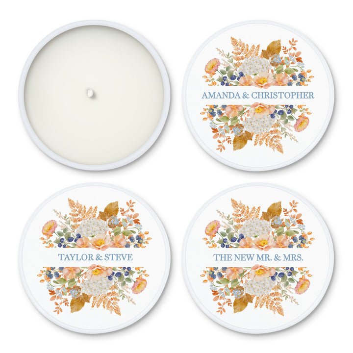 Fall Candle Wedding Favors, Peach &amp; Blue Florals, 2 oz mini tin candles