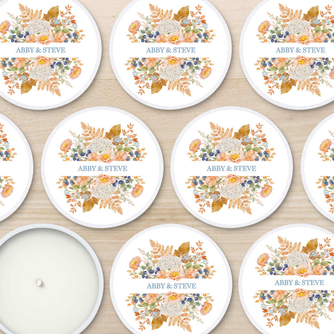 Fall Candle Wedding Favors, Peach &amp; Blue Florals, 2 oz mini tin candles