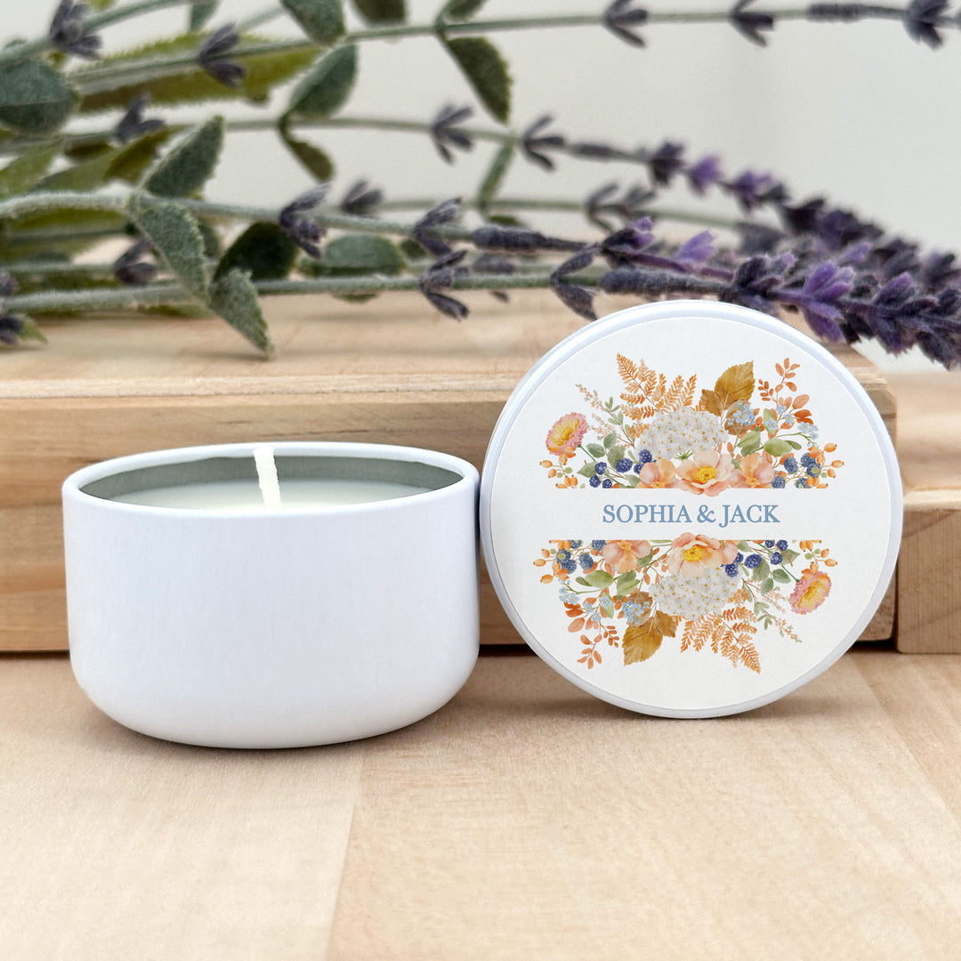 Fall Candle Wedding Favors, Peach &amp; Blue Florals, 2 oz mini tin candles