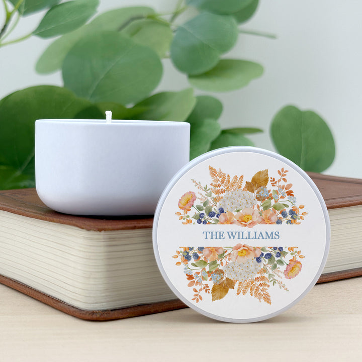 Fall Candle Wedding Favors, Peach &amp; Blue Florals, 2 oz mini tin candles