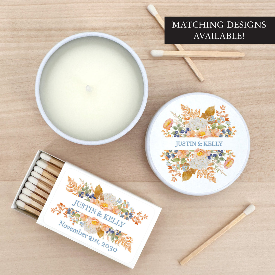 Fall Candle Wedding Favors, Peach &amp; Blue Florals, 2 oz mini tin candles