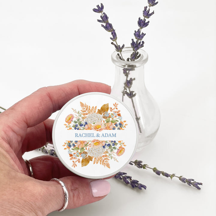 Fall Candle Wedding Favors, Peach &amp; Blue Florals, 2 oz mini tin candles