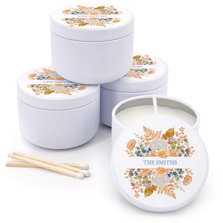 Fall Candle Wedding Favors, Peach &amp; Blue Florals, 2 oz mini tin candles