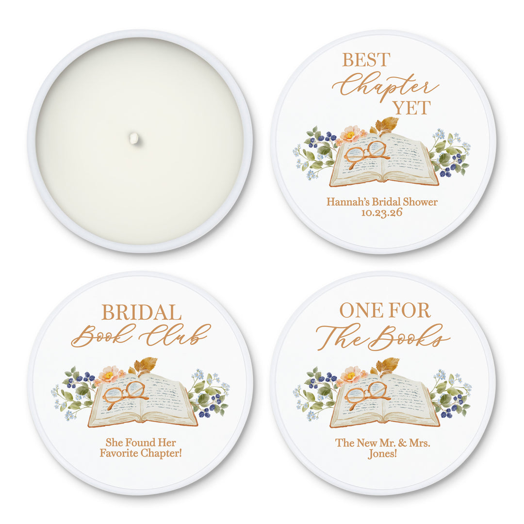 Book Theme Wedding Candle Favors, Custom 2 oz Mini Lavender Bridal Shower Candles, The Next Chapter
