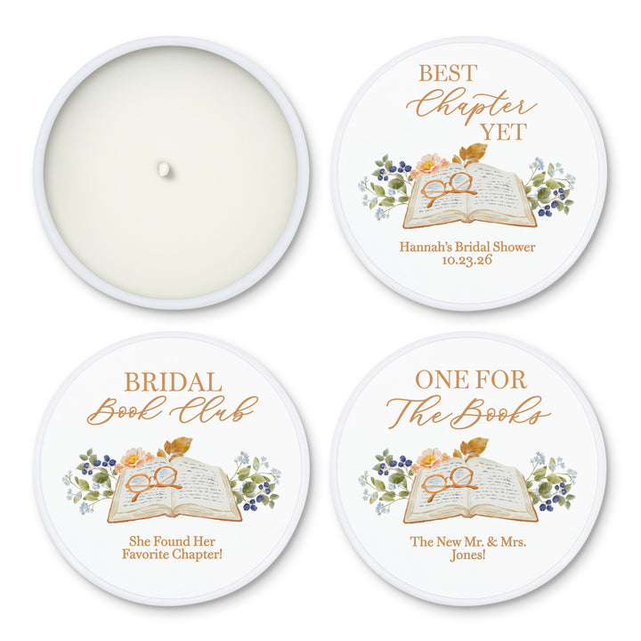 Book Theme Wedding Candle Favors, Custom 2 oz Mini Lavender Bridal Shower Candles, The Next Chapter