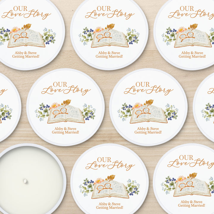Book Theme Wedding Candle Favors, Custom 2 oz Mini Lavender Bridal Shower Candles, The Next Chapter