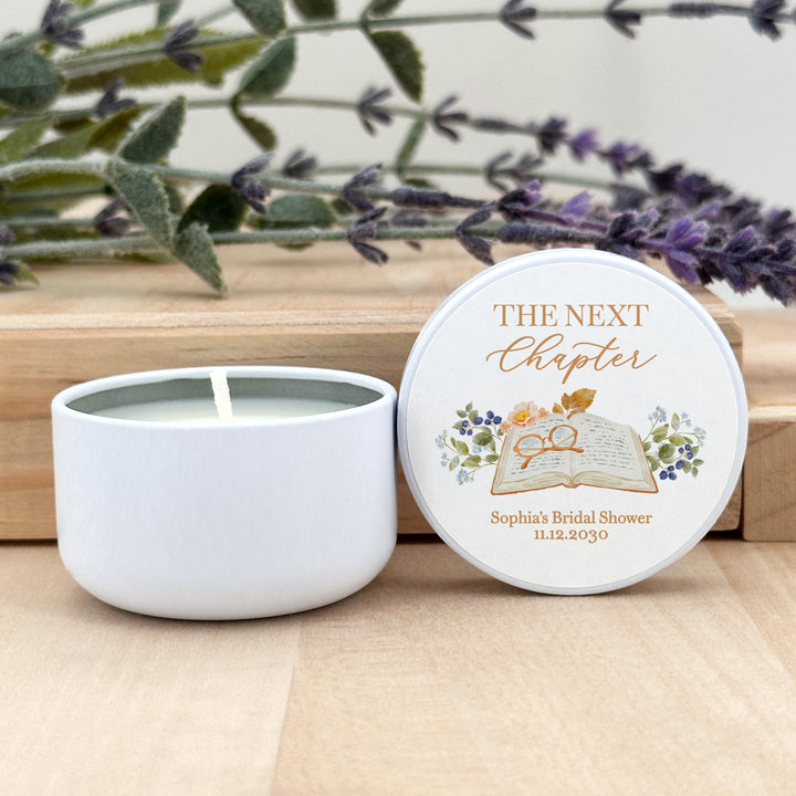 Book Theme Wedding Candle Favors, Custom 2 oz Mini Lavender Bridal Shower Candles, The Next Chapter