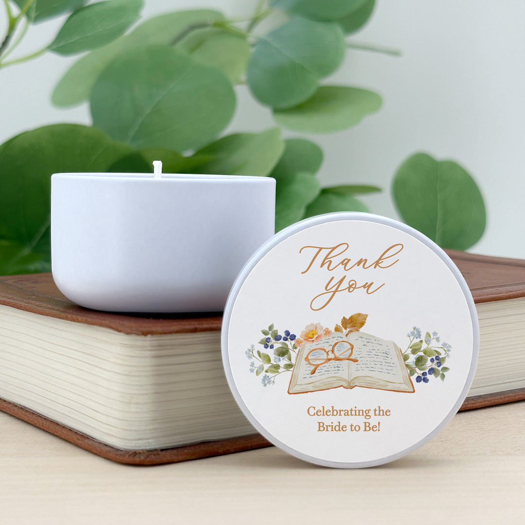 Book Theme Wedding Candle Favors, Custom 2 oz Mini Lavender Bridal Shower Candles, The Next Chapter