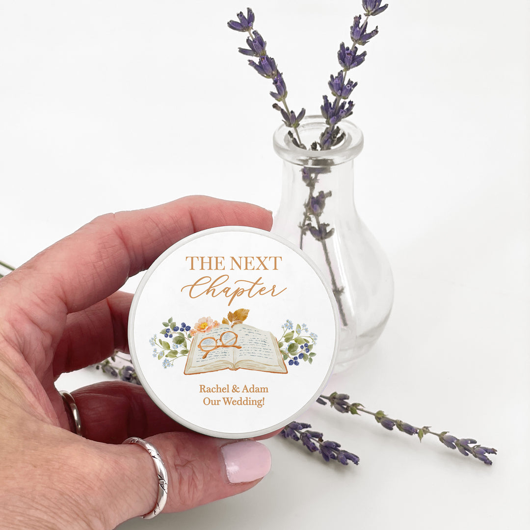 Book Theme Wedding Candle Favors, Custom 2 oz Mini Lavender Bridal Shower Candles, The Next Chapter