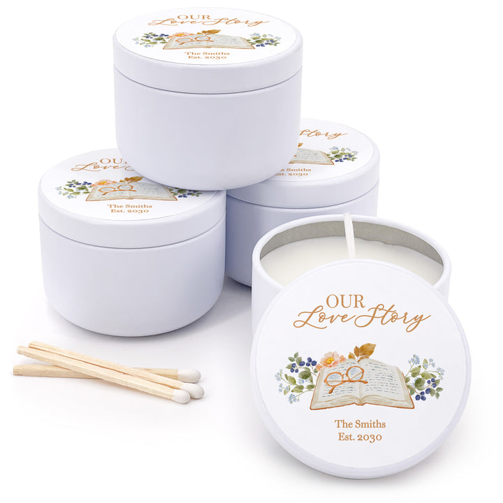 Book Theme Wedding Candle Favors, Custom 2 oz Mini Lavender Bridal Shower Candles, The Next Chapter