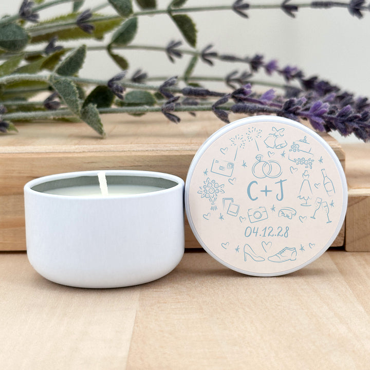 Bulk Wedding Favors, Unique Wedding Favors, Custom Candles, Doodle Hand Drawn Wedding Icon Pattern Sketch, 2oz Mini Lavender Candles