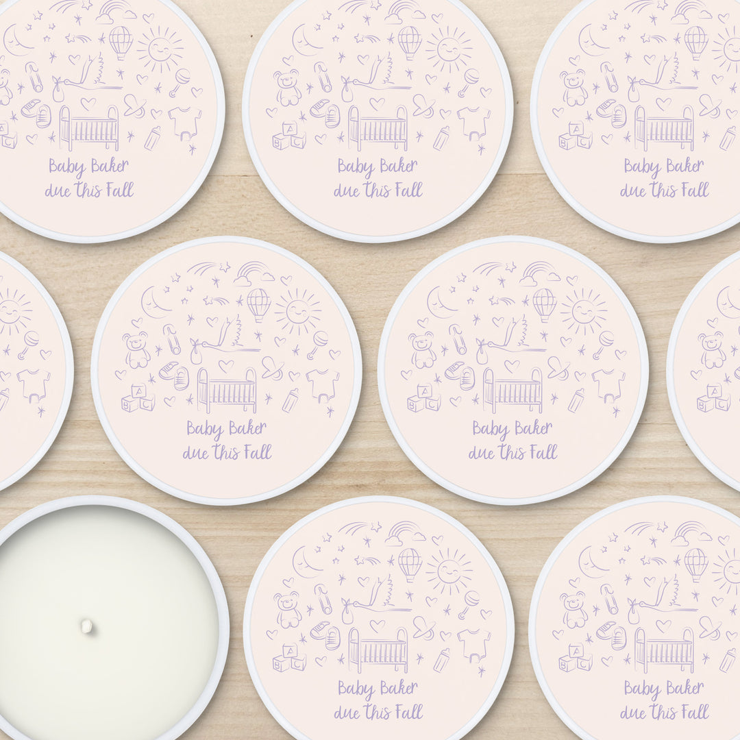 Bulk Baby Shower Favors, Unique Baby Shower Favors, Custom Candles, Hand Drawn Baby Shower Icon Sketch Pattern, 2oz Mini Lavender Candles