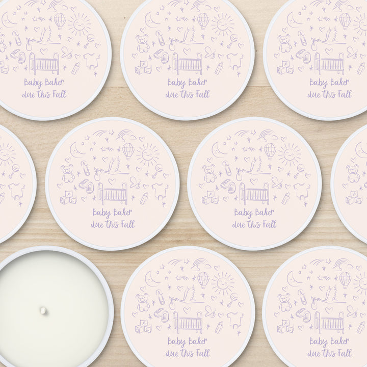 Bulk Baby Shower Favors, Unique Baby Shower Favors, Custom Candles, Hand Drawn Baby Shower Icon Sketch Pattern, 2oz Mini Lavender Candles