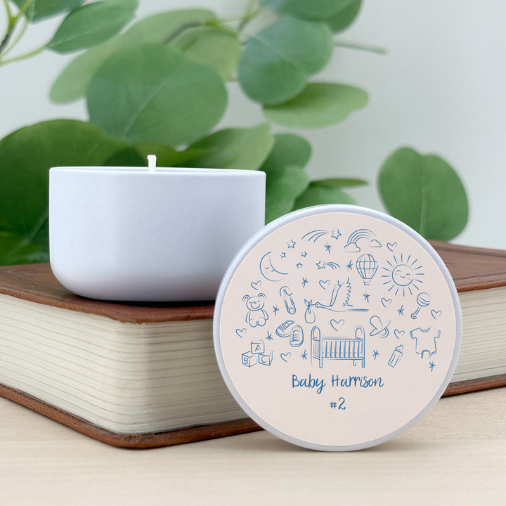 Bulk Baby Shower Favors, Unique Baby Shower Favors, Custom Candles, Hand Drawn Baby Shower Icon Sketch Pattern, 2oz Mini Lavender Candles