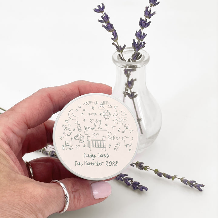 Bulk Baby Shower Favors, Unique Baby Shower Favors, Custom Candles, Hand Drawn Baby Shower Icon Sketch Pattern, 2oz Mini Lavender Candles