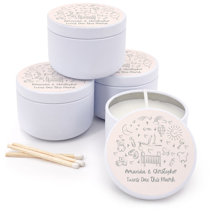 Bulk Baby Shower Favors, Unique Baby Shower Favors, Custom Candles, Hand Drawn Baby Shower Icon Sketch Pattern, 2oz Mini Lavender Candles