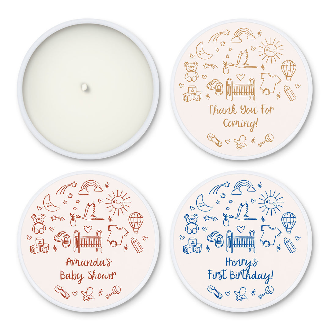 Bulk Baby Shower Favors, Unique Baby Shower Favors, Custom Candles, Hand Drawn Baby Shower Icon Sketch Pattern, 2oz Mini Lavender Candles