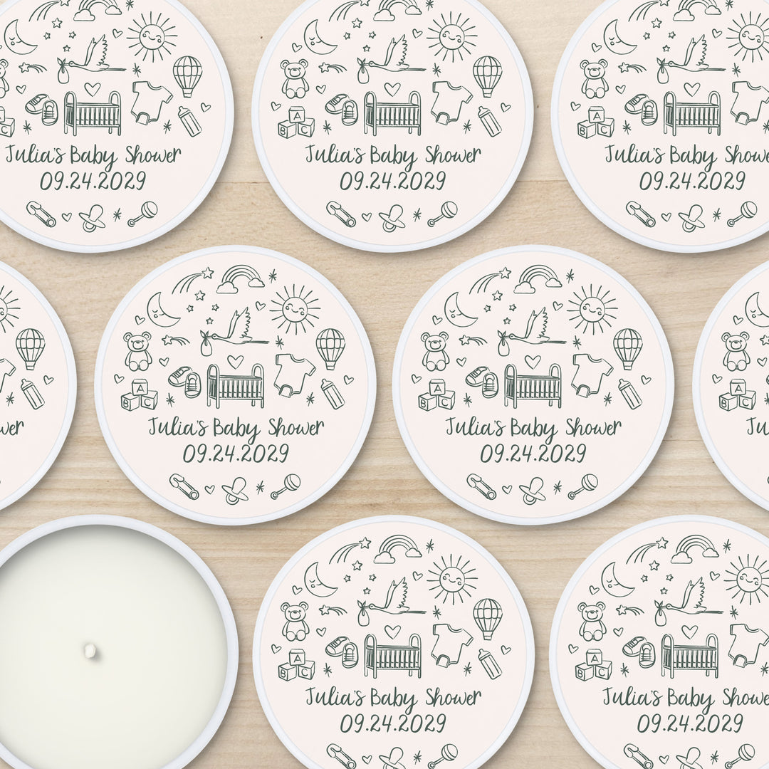 Bulk Baby Shower Favors, Unique Baby Shower Favors, Custom Candles, Hand Drawn Baby Shower Icon Sketch Pattern, 2oz Mini Lavender Candles