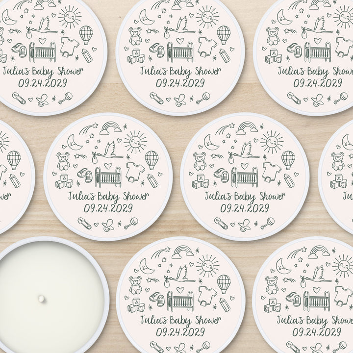 Bulk Baby Shower Favors, Unique Baby Shower Favors, Custom Candles, Hand Drawn Baby Shower Icon Sketch Pattern, 2oz Mini Lavender Candles
