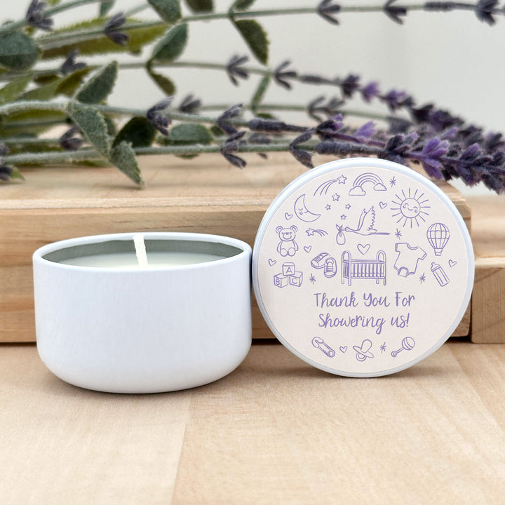 Bulk Baby Shower Favors, Unique Baby Shower Favors, Custom Candles, Hand Drawn Baby Shower Icon Sketch Pattern, 2oz Mini Lavender Candles