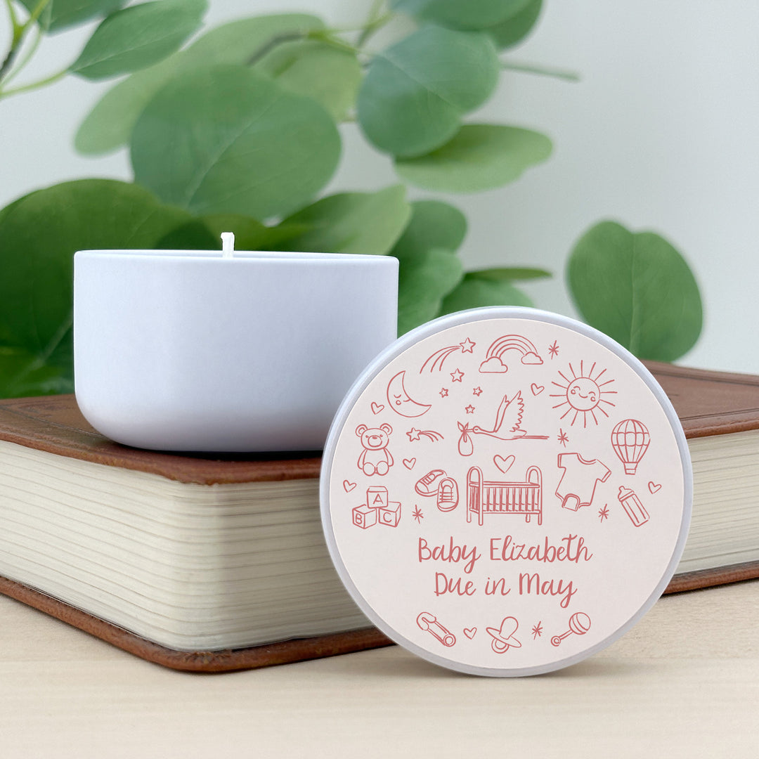 Bulk Baby Shower Favors, Unique Baby Shower Favors, Custom Candles, Hand Drawn Baby Shower Icon Sketch Pattern, 2oz Mini Lavender Candles