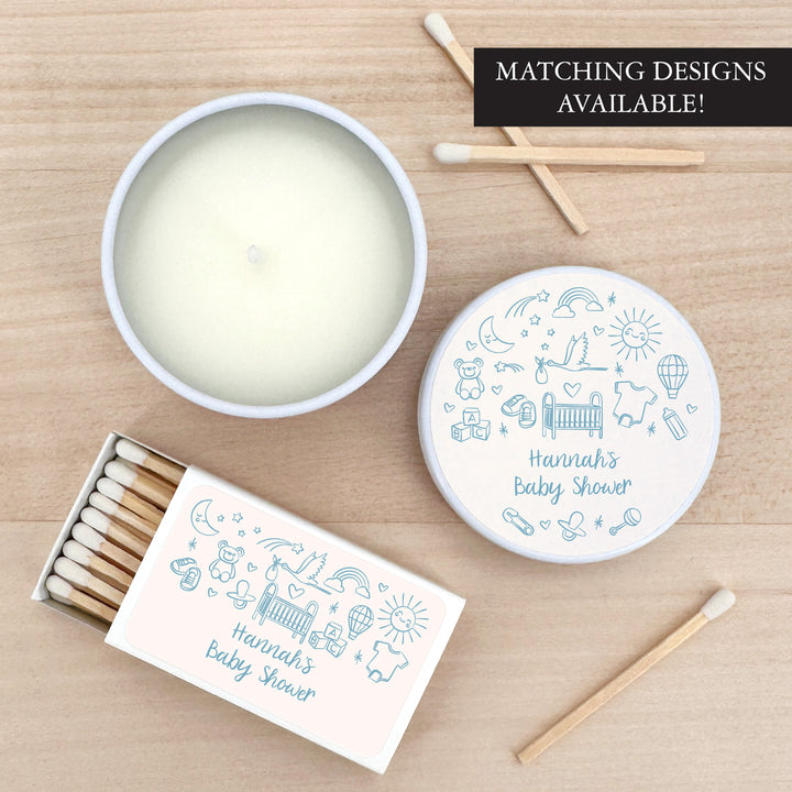 Bulk Baby Shower Favors, Unique Baby Shower Favors, Custom Candles, Hand Drawn Baby Shower Icon Sketch Pattern, 2oz Mini Lavender Candles