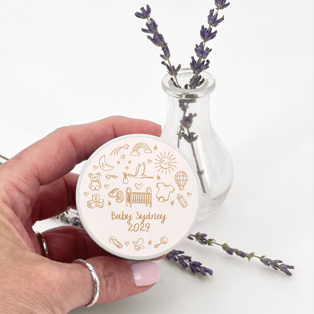 Bulk Baby Shower Favors, Unique Baby Shower Favors, Custom Candles, Hand Drawn Baby Shower Icon Sketch Pattern, 2oz Mini Lavender Candles