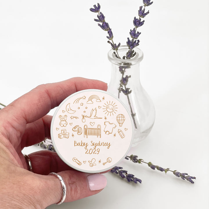 Bulk Baby Shower Favors, Unique Baby Shower Favors, Custom Candles, Hand Drawn Baby Shower Icon Sketch Pattern, 2oz Mini Lavender Candles