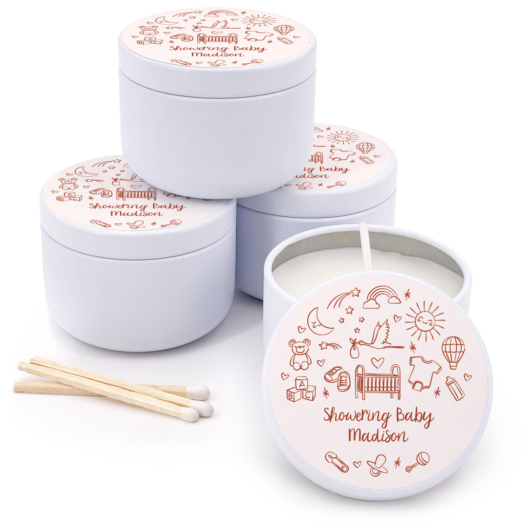 Bulk Baby Shower Favors, Unique Baby Shower Favors, Custom Candles, Hand Drawn Baby Shower Icon Sketch Pattern, 2oz Mini Lavender Candles