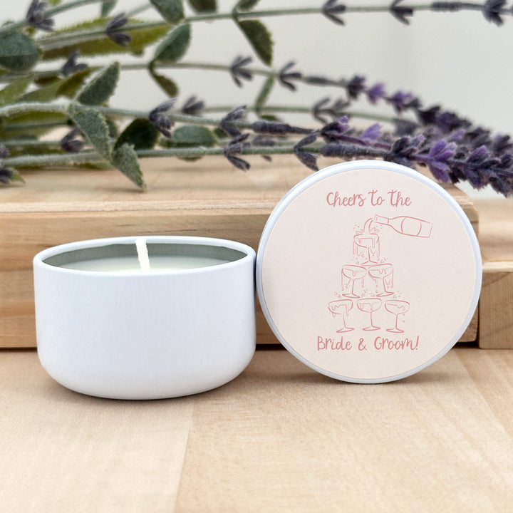Unique Wedding Favors, Personalized Candles, Doodle Hand Drawn Champagne Tower Sketch, 2oz Mini Lavender Candles