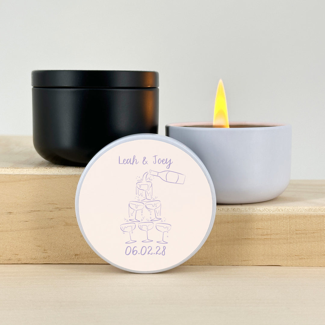 Unique Wedding Favors, Personalized Candles, Doodle Hand Drawn Champagne Tower Sketch, 2oz Mini Lavender Candles