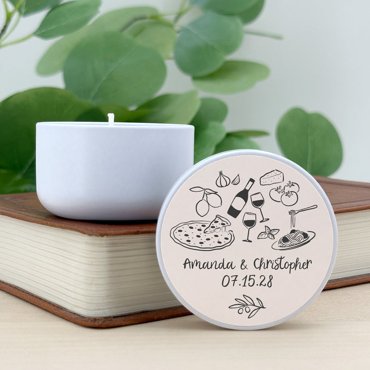 Bulk Wedding Favors, Unique Italy Wedding Favors, Custom Candles, Doodle Hand Drawn Italian Pattern Sketch, 2oz Mini Lavender Candles