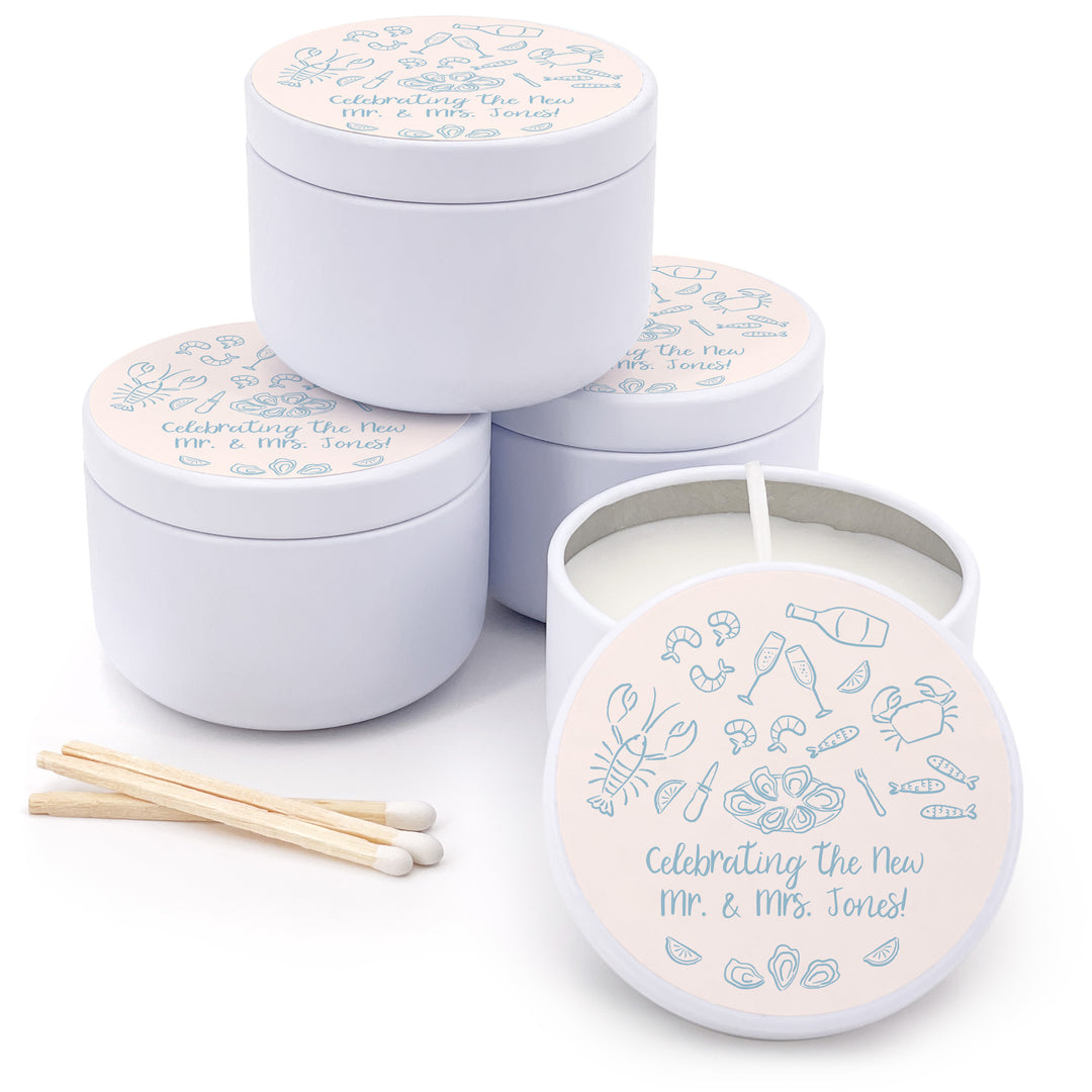 Bulk Wedding Favors, Unique Coastal Favors, Custom Candles, Oyster Roast, Hand Drawn Seafood Sketch, 2oz Mini Lavender Candles