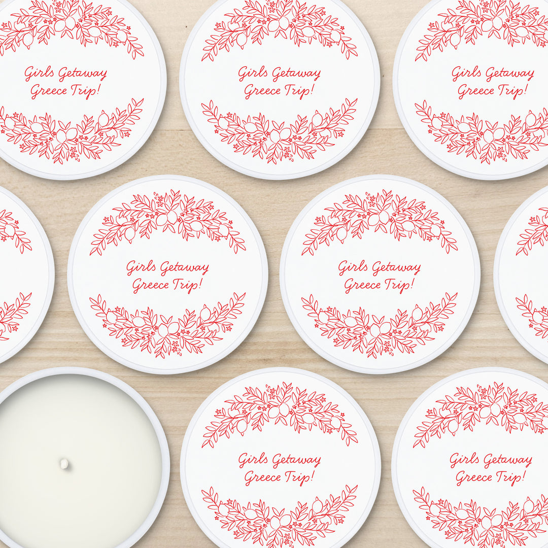 Custom Candle Wedding Favors, Amalfi Coast Sketch Pattern, Hand Drawn Mediterranean Florals, 2oz Mini Lavender Candles