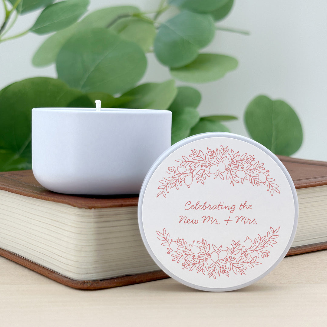 Custom Candle Wedding Favors, Amalfi Coast Sketch Pattern, Hand Drawn Mediterranean Florals, 2oz Mini Lavender Candles