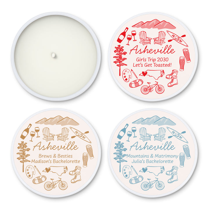 Custom Candle Wedding Favors, Girls Trip, Hand Drawn Asheville Bachelorette, 2oz Mini Lavender Candles