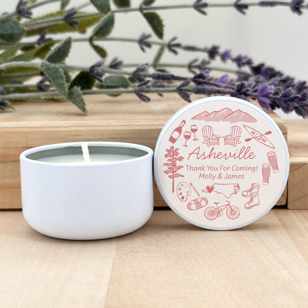 Custom Candle Wedding Favors, Girls Trip, Hand Drawn Asheville Bachelorette, 2oz Mini Lavender Candles
