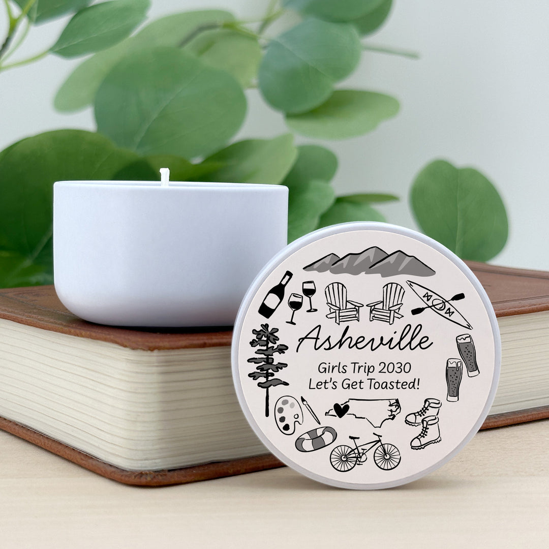 Custom Candle Wedding Favors, Girls Trip, Hand Drawn Asheville Bachelorette, 2oz Mini Lavender Candles