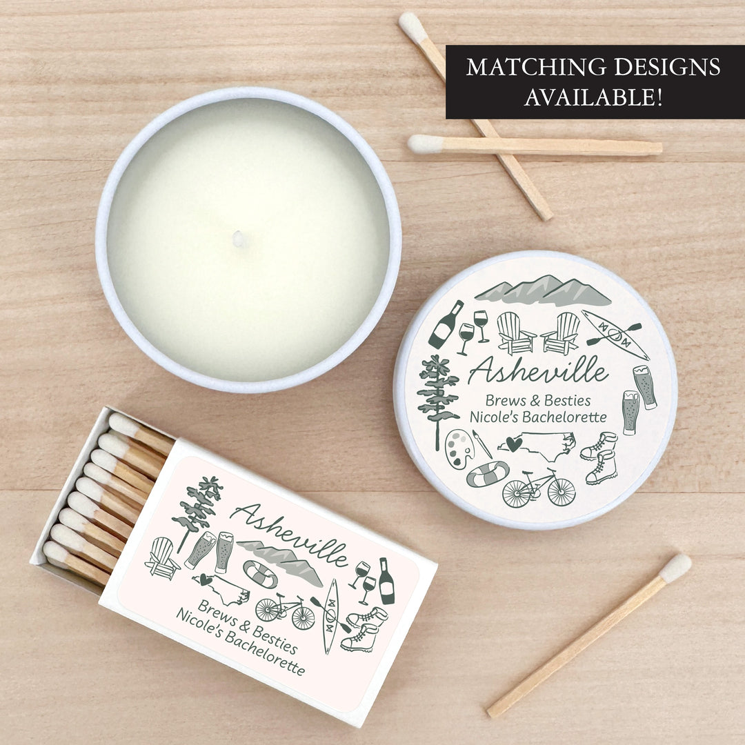 Custom Candle Wedding Favors, Girls Trip, Hand Drawn Asheville Bachelorette, 2oz Mini Lavender Candles