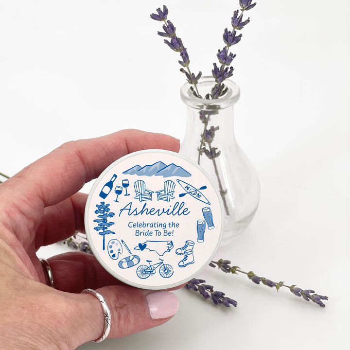 Custom Candle Wedding Favors, Girls Trip, Hand Drawn Asheville Bachelorette, 2oz Mini Lavender Candles