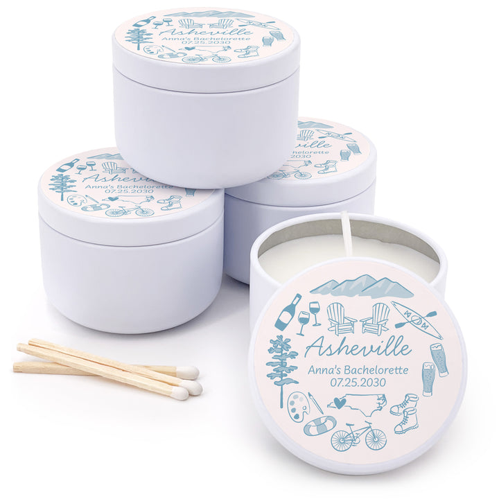 Custom Candle Wedding Favors, Girls Trip, Hand Drawn Asheville Bachelorette, 2oz Mini Lavender Candles