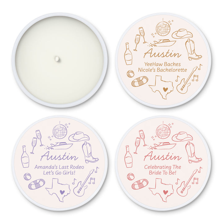Custom Candle Wedding Favors, Girls Trip, Hand Drawn Austin Bachelorette, 2oz Mini Lavender Candles