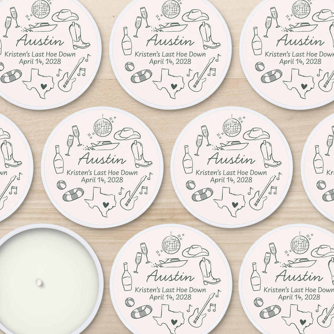 Custom Candle Wedding Favors, Girls Trip, Hand Drawn Austin Bachelorette, 2oz Mini Lavender Candles