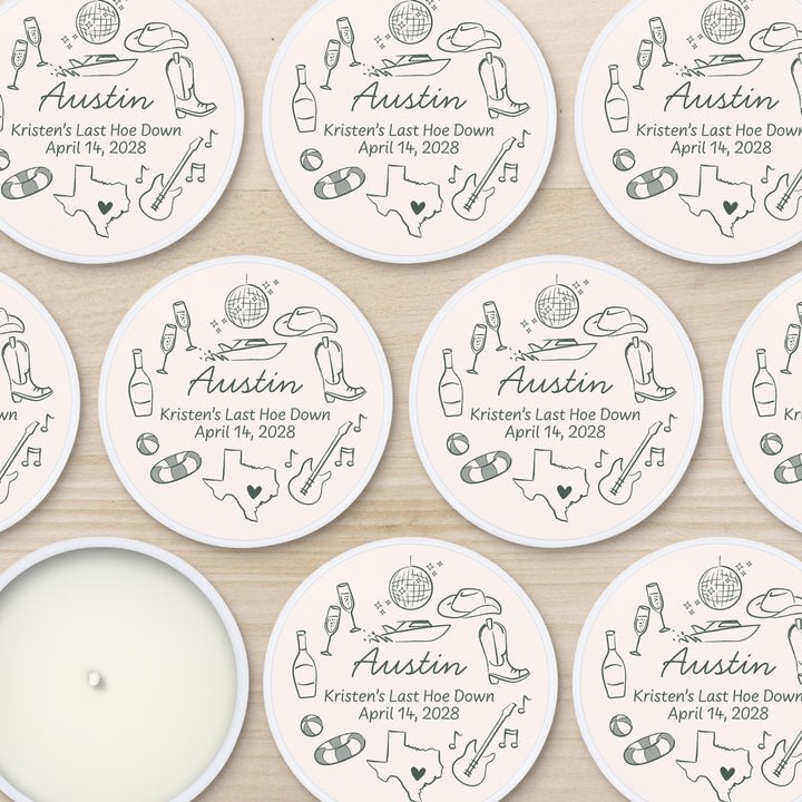 Custom Candle Wedding Favors, Girls Trip, Hand Drawn Austin Bachelorette, 2oz Mini Lavender Candles