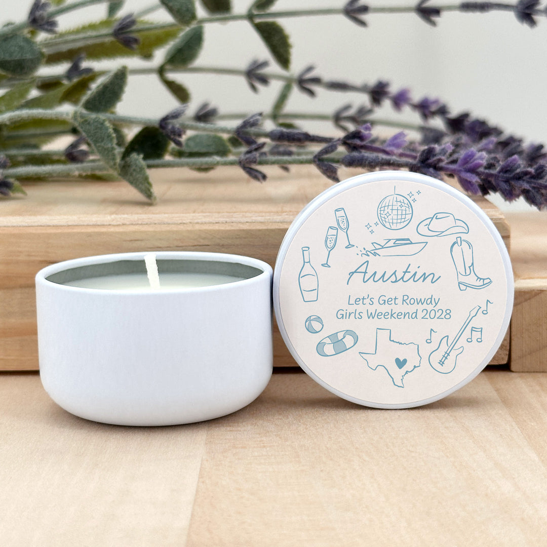 Custom Candle Wedding Favors, Girls Trip, Hand Drawn Austin Bachelorette, 2oz Mini Lavender Candles