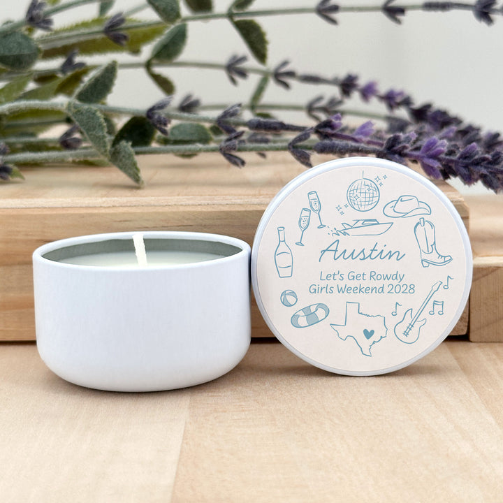 Custom Candle Wedding Favors, Girls Trip, Hand Drawn Austin Bachelorette, 2oz Mini Lavender Candles