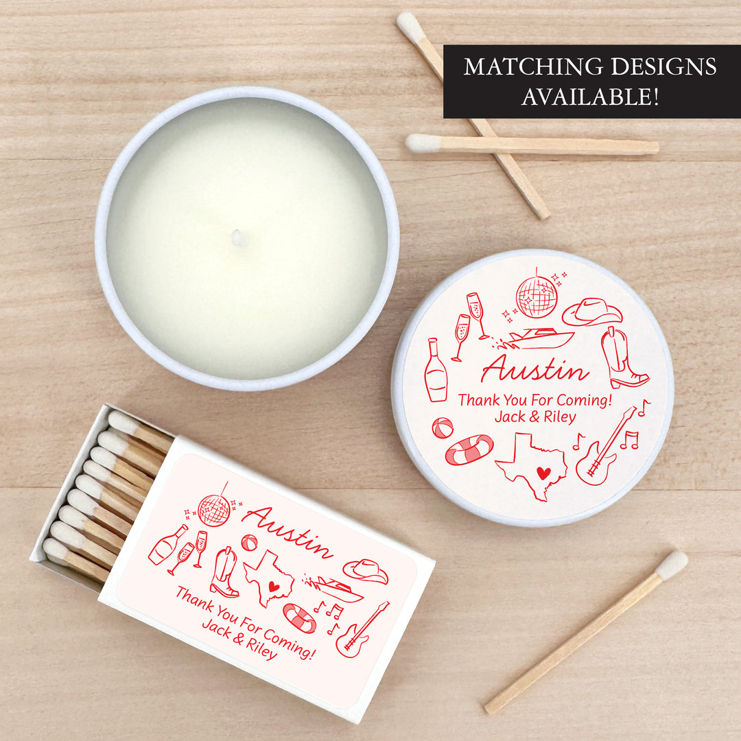 Custom Candle Wedding Favors, Girls Trip, Hand Drawn Austin Bachelorette, 2oz Mini Lavender Candles