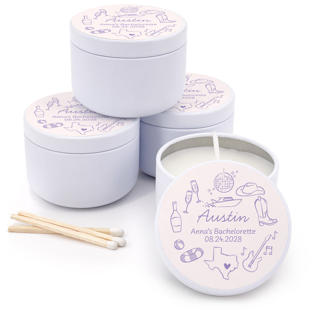 Custom Candle Wedding Favors, Girls Trip, Hand Drawn Austin Bachelorette, 2oz Mini Lavender Candles