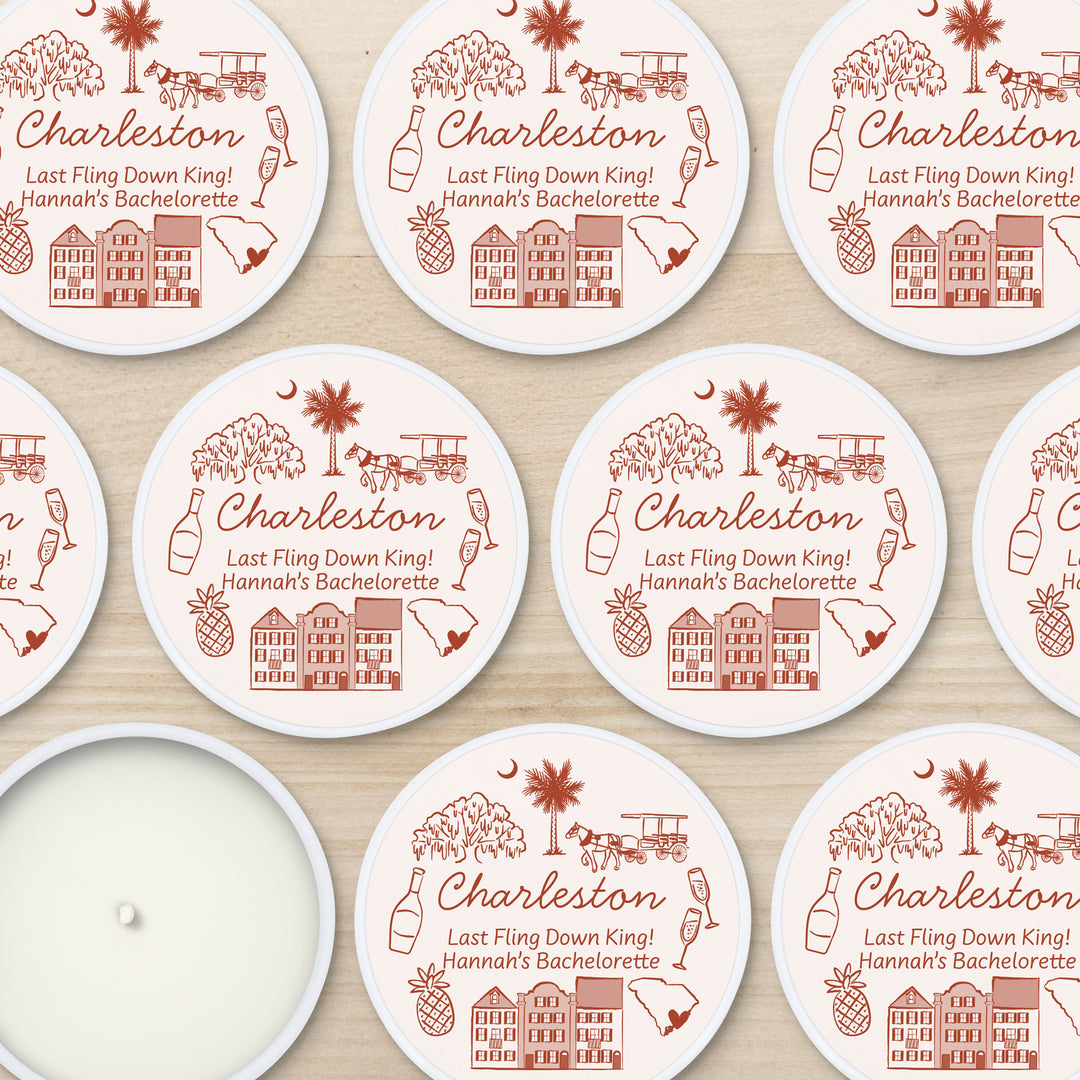 Custom Candle Wedding Favors, Girls Trip, Hand Drawn Charleston Bachelorette, 2oz Mini Lavender Candles